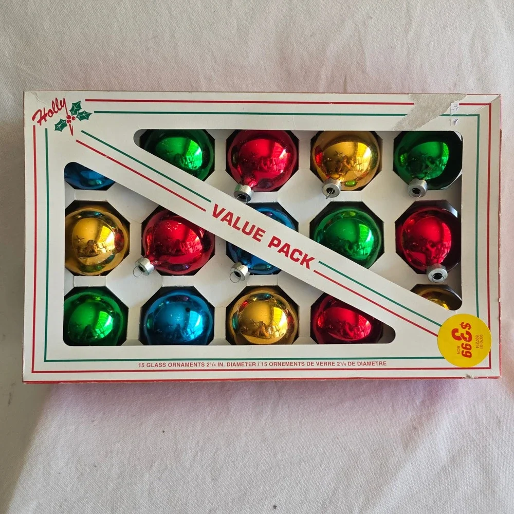 VTG Holly 15 Mercury Glass Christmas Ornaments Value Pack Multi Color 2.25